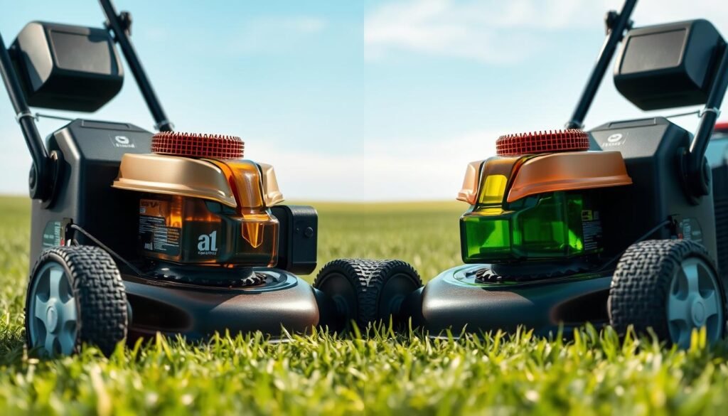 A well-lit side-by-side comparison of two identical lawn mowers, one filled with mineral-based engine oil and the other with synthetic oil. The mowers are positioned on a lush, green lawn with a clear blue sky in the background. The lighting is soft and natural, casting gentle shadows and highlights to emphasize the texture and sheen of the oils. The focus is sharp, capturing the intricate details of the mower components and the subtle differences in the viscosity and color of the two oil types. The overall mood is one of careful examination and assessment, inviting the viewer to closely inspect and compare the properties of these two lubricants. A well-lit side-by-side comparison of two identical lawn mowers, one filled with mineral-based engine oil and the other with synthetic oil. The mowers are positioned on a lush, green lawn with a clear blue sky in the background. The lighting is soft and natural, casting gentle shadows and highlights to emphasize the texture and sheen of the oils. The focus is sharp, capturing the intricate details of the mower components and the subtle differences in the viscosity and color of the two oil types. The overall mood is one of careful examination and assessment, inviting the viewer to closely inspect and compare the properties of these two lubricants.