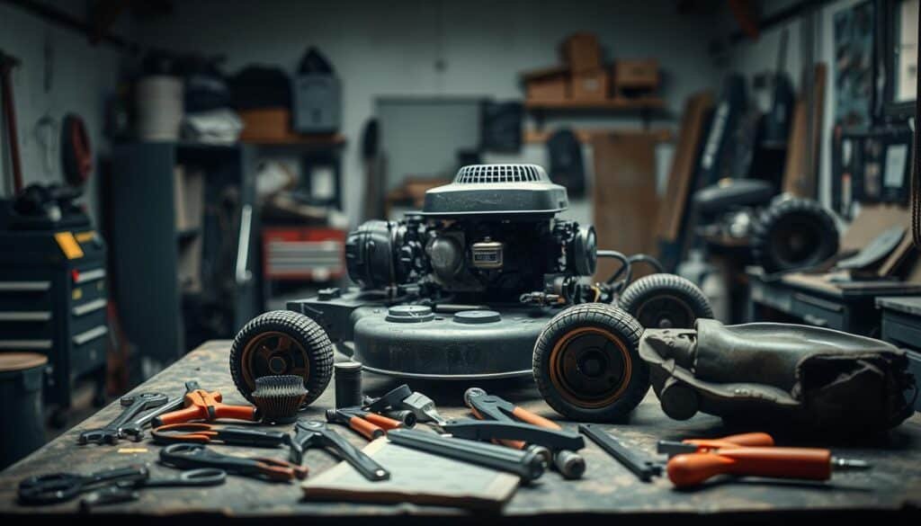 A well-lit workshop interior with a detailed lawn mower disassembled on a sturdy workbench. In the foreground, various tools like wrenches, pliers, and a repair manual are neatly arranged. The mower's components, such as the engine, air filter, and oil pan, are clearly visible, showcasing the different repair steps. Soft shadows and a slight vignette create depth and focus the viewer's attention on the central repair process. The overall mood is one of diligent problem-solving, with a sense of organized, methodical DIY work. A well-lit workshop interior with a detailed lawn mower disassembled on a sturdy workbench. In the foreground, various tools like wrenches, pliers, and a repair manual are neatly arranged. The mower's components, such as the engine, air filter, and oil pan, are clearly visible, showcasing the different repair steps. Soft shadows and a slight vignette create depth and focus the viewer's attention on the central repair process. The overall mood is one of diligent problem-solving, with a sense of organized, methodical DIY work.