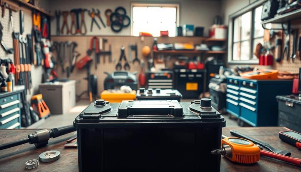 A well-lit workshop interior with a focused view on a car battery and maintenance tools. In the foreground, a gleaming car battery sits on a workbench, surrounded by a torque wrench, a voltmeter, and a cleaning brush. The middle ground shows a neatly organized toolbox and a selection of spare parts. The background features pegboards with hanging tools, shelves stocked with automotive supplies, and a large window letting in natural light, creating a warm, professional atmosphere conducive to proper battery care and maintenance. A well-lit workshop interior with a focused view on a car battery and maintenance tools. In the foreground, a gleaming car battery sits on a workbench, surrounded by a torque wrench, a voltmeter, and a cleaning brush. The middle ground shows a neatly organized toolbox and a selection of spare parts. The background features pegboards with hanging tools, shelves stocked with automotive supplies, and a large window letting in natural light, creating a warm, professional atmosphere conducive to proper battery care and maintenance.