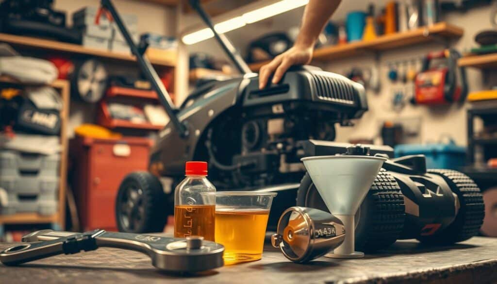 A well-lit workshop interior with a lawn mower on a workbench. In the foreground, a collection of tools and supplies for an oil change - a wrench, a container of fresh oil, and a funnel. In the middle ground, the lawn mower's engine block is visible, with a mechanic's hand reaching in to access the oil drain plug. The background shows shelves with various automotive accessories and maintenance items. The overall mood is one of focused, methodical work, with warm, golden lighting illuminating the scene.