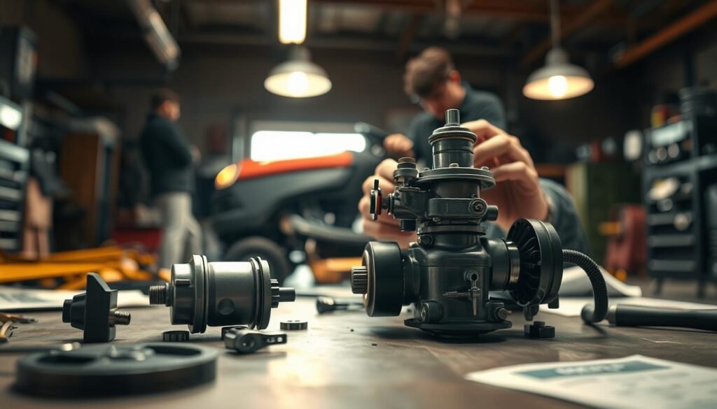 A well-lit workshop scene showcasing a close-up inspection of a fuel and air system. The foreground features a disassembled carburetor with its various components laid out neatly. The middle ground shows a mechanic's hands closely examining the parts, their tools and a service manual nearby. In the background, the shadowy silhouette of a riding mower hints at the larger context. Warm lighting from overhead lamps casts a focused glow, creating a sense of precision and professionalism. The atmosphere conveys the methodical process of troubleshooting and repairing a malfunctioning small engine. A well-lit workshop scene showcasing a close-up inspection of a fuel and air system. The foreground features a disassembled carburetor with its various components laid out neatly. The middle ground shows a mechanic's hands closely examining the parts, their tools and a service manual nearby. In the background, the shadowy silhouette of a riding mower hints at the larger context. Warm lighting from overhead lamps casts a focused glow, creating a sense of precision and professionalism. The atmosphere conveys the methodical process of troubleshooting and repairing a malfunctioning small engine.