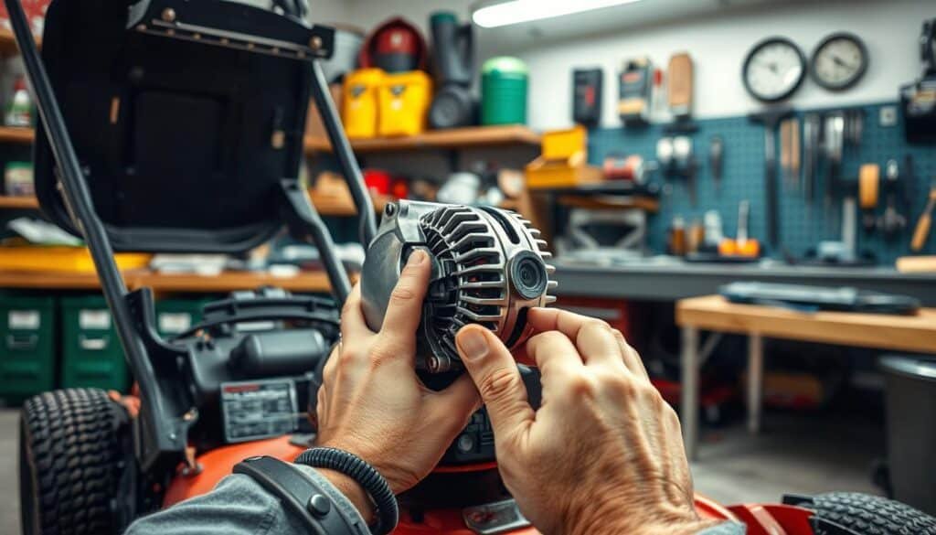 A well-lit workshop scene with a lawnmower placed prominently in the foreground. The mower's engine bay is open, revealing the alternator assembly. A mechanic's hands are visible, holding various tools and carefully inspecting the alternator. The background features shelves stocked with lawn care supplies and a workbench with organized tools. The overall mood is one of focused, step-by-step guidance, conveying the expertise required for a successful alternator replacement. A well-lit workshop scene with a lawnmower placed prominently in the foreground. The mower's engine bay is open, revealing the alternator assembly. A mechanic's hands are visible, holding various tools and carefully inspecting the alternator. The background features shelves stocked with lawn care supplies and a workbench with organized tools. The overall mood is one of focused, step-by-step guidance, conveying the expertise required for a successful alternator replacement.