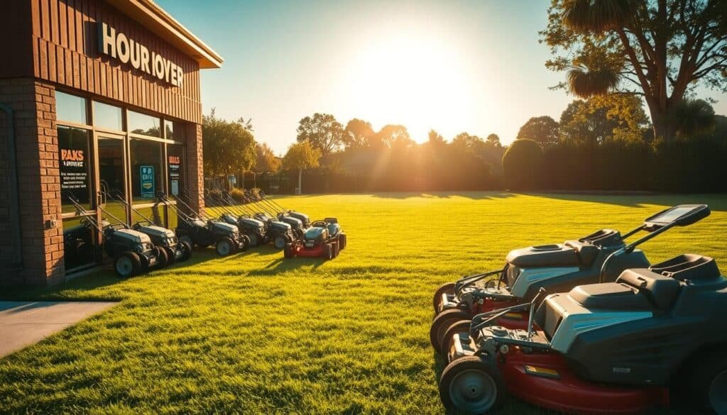 A well-maintained lawn mower rental storefront, bathed in warm afternoon sunlight, stands prominently in the foreground. Rows of neatly organized mowers, their polished blades and chrome accents gleaming, are displayed in the midground. In the background, a meticulously manicured lawn serves as a natural backdrop, emphasizing the quality and reliability of the rental equipment. The composition is balanced, with a sense of depth and attention to detail that captures the professionalism and expertise of the lawn mower rental business. The overall mood is one of trust, reliability, and the promise of a well-cared-for lawn. A well-maintained lawn mower rental storefront, bathed in warm afternoon sunlight, stands prominently in the foreground. Rows of neatly organized mowers, their polished blades and chrome accents gleaming, are displayed in the midground. In the background, a meticulously manicured lawn serves as a natural backdrop, emphasizing the quality and reliability of the rental equipment. The composition is balanced, with a sense of depth and attention to detail that captures the professionalism and expertise of the lawn mower rental business. The overall mood is one of trust, reliability, and the promise of a well-cared-for lawn.