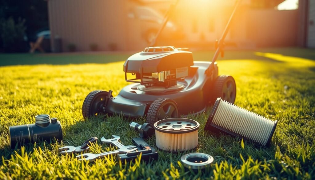 A well-maintained lawn mower resting on a neatly manicured lawn, the sunlight casting a warm, golden glow. In the foreground, various tools and accessories are arranged, including a can of oil, a set of wrenches, and a clean air filter. The middle ground features the mower, its gleaming chrome and polished blades reflecting the light. In the background, a shed or garage provides a sense of order and organization, hinting at the proper storage and care of the equipment. The overall mood is one of preparedness and attention to detail, conveying the importance of proper lawn mower maintenance for healthy, vibrant grass. A well-maintained lawn mower resting on a neatly manicured lawn, the sunlight casting a warm, golden glow. In the foreground, various tools and accessories are arranged, including a can of oil, a set of wrenches, and a clean air filter. The middle ground features the mower, its gleaming chrome and polished blades reflecting the light. In the background, a shed or garage provides a sense of order and organization, hinting at the proper storage and care of the equipment. The overall mood is one of preparedness and attention to detail, conveying the importance of proper lawn mower maintenance for healthy, vibrant grass.