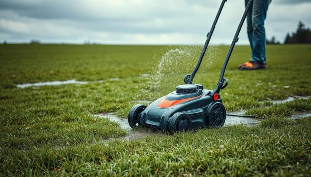 A wet grass field under an overcast sky, with a person mowing a lawn using a push-style electric lawn mower. The mower's power cord dangles precariously, posing an electrocution risk. Water puddles dot the ground, creating slippery conditions. The mower's blades kick up sprays of water, reducing visibility and creating a hazardous environment. In the foreground, the mower's wheels struggle to gain traction, heightening the risk of losing control. A sense of danger and poor judgment pervades the scene, illustrating the safety risks of mowing wet grass.