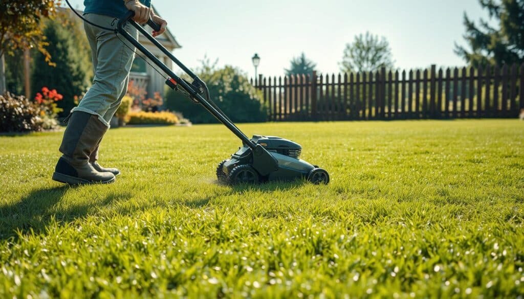 A wide, sun-dappled lawn stretches out, the grass glistening with morning dew. A person in protective gear, including non-slip boots and a wide-brimmed hat, carefully maneuvers a modern, energy-efficient lawn mower across the damp surface, leaving a neatly trimmed, uniform swathe in its wake. The mower's blades are set to a higher-than-usual height, and the person's movements are slow and deliberate, mindful of the slippery conditions. In the background, a well-maintained garden and a picturesque wooden fence frame the scene, conveying a sense of order and attention to detail. The overall mood is one of safety, care, and responsible lawn maintenance.