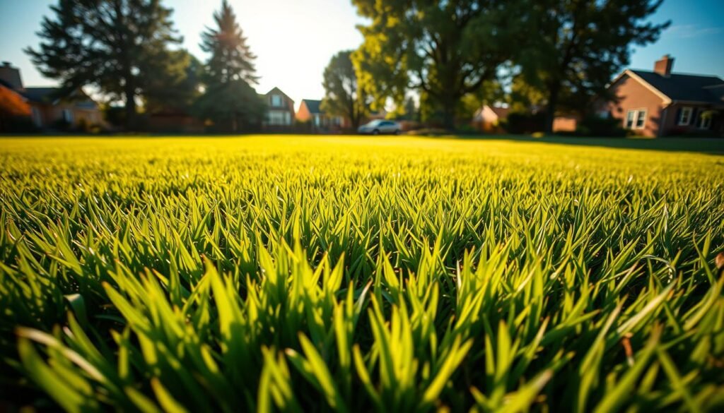 An expansive lawn, lush with verdant blades, bathed in golden afternoon sunlight. In the foreground, a well-manicured patch showcases the optimal mowing height, while in the middle ground, subtle discolorations and thinning grass hint at areas in need of attention. The background reveals a picturesque suburban setting, with towering trees and a clear blue sky, conveying an idyllic and tranquil atmosphere. Captured through a wide-angle lens, this image invites the viewer to consider the delicate balance of lawn health and the importance of timing in mowing practices. An expansive lawn, lush with verdant blades, bathed in golden afternoon sunlight. In the foreground, a well-manicured patch showcases the optimal mowing height, while in the middle ground, subtle discolorations and thinning grass hint at areas in need of attention. The background reveals a picturesque suburban setting, with towering trees and a clear blue sky, conveying an idyllic and tranquil atmosphere. Captured through a wide-angle lens, this image invites the viewer to consider the delicate balance of lawn health and the importance of timing in mowing practices.