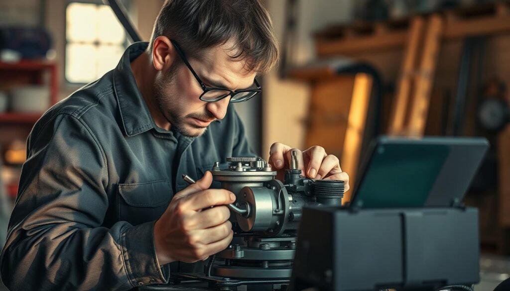 An expert mechanic closely inspects a lawn mower carburetor, intently focused on the intricate disassembly process. The well-lit workshop setting casts warm shadows as the technician uses precision tools to delicately clean and service the critical engine component. The mower's chassis and wheels are visible in the background, reflecting the mechanic's methodical troubleshooting approach. Subtle textures and reflections convey the technical expertise required to properly maintain and repair a lawn mower's fuel system for optimal performance. An expert mechanic closely inspects a lawn mower carburetor, intently focused on the intricate disassembly process. The well-lit workshop setting casts warm shadows as the technician uses precision tools to delicately clean and service the critical engine component. The mower's chassis and wheels are visible in the background, reflecting the mechanic's methodical troubleshooting approach. Subtle textures and reflections convey the technical expertise required to properly maintain and repair a lawn mower's fuel system for optimal performance.
