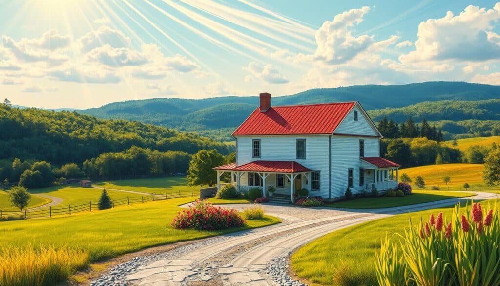 An idyllic New England landscape, featuring the headquarters of High Mowing Seeds in Wolcott, Vermont. A charming two-story farmhouse nestled amidst rolling hills, surrounded by lush green fields and a backdrop of verdant forests. The building's white clapboard siding and red tin roof reflect the quintessential Vermont architectural style. A gravel driveway leads to the entrance, flanked by neatly tended gardens bursting with colorful blooms. Warm, golden sunlight filters through wispy clouds, casting a serene glow over the scene. The overall atmosphere conveys a sense of tranquility, showcasing the rural setting where High Mowing Seeds has operated for decades, providing high-quality organic and heirloom seeds to gardeners and farmers. An idyllic New England landscape, featuring the headquarters of High Mowing Seeds in Wolcott, Vermont. A charming two-story farmhouse nestled amidst rolling hills, surrounded by lush green fields and a backdrop of verdant forests. The building's white clapboard siding and red tin roof reflect the quintessential Vermont architectural style. A gravel driveway leads to the entrance, flanked by neatly tended gardens bursting with colorful blooms. Warm, golden sunlight filters through wispy clouds, casting a serene glow over the scene. The overall atmosphere conveys a sense of tranquility, showcasing the rural setting where High Mowing Seeds has operated for decades, providing high-quality organic and heirloom seeds to gardeners and farmers.