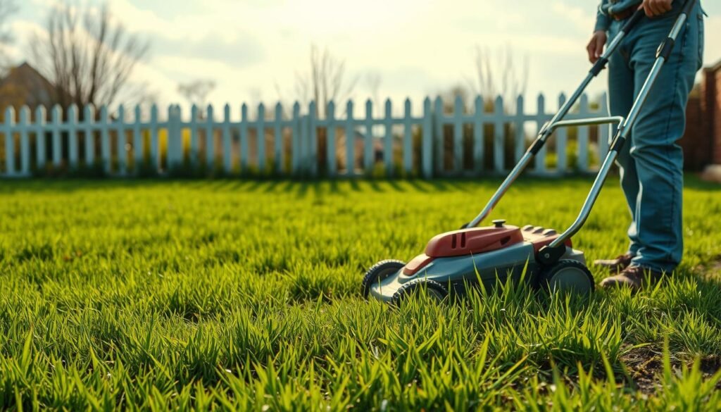 An idyllic spring morning, a lush green lawn with newly sprouted grass ready for its first mowing. In the foreground, a freshly sharpened lawnmower stands at the ready, its chrome gleaming in the soft, diffused sunlight filtering through wispy clouds. A gardener, clad in weathered denim and a wide-brimmed hat, contemplates the optimal height and timing, examining the grass blades intently. The middle ground features the verdant carpet of grass, its vibrant hues contrasting with the warm, earthy tones of the surrounding soil. In the distance, a picturesque white picket fence frames the scene, hinting at a cozy suburban setting. The overall mood is one of anticipation and careful consideration, as the gardener determines the perfect moment to commence the inaugural mowing of this promising new lawn. An idyllic spring morning, a lush green lawn with newly sprouted grass ready for its first mowing. In the foreground, a freshly sharpened lawnmower stands at the ready, its chrome gleaming in the soft, diffused sunlight filtering through wispy clouds. A gardener, clad in weathered denim and a wide-brimmed hat, contemplates the optimal height and timing, examining the grass blades intently. The middle ground features the verdant carpet of grass, its vibrant hues contrasting with the warm, earthy tones of the surrounding soil. In the distance, a picturesque white picket fence frames the scene, hinting at a cozy suburban setting. The overall mood is one of anticipation and careful consideration, as the gardener determines the perfect moment to commence the inaugural mowing of this promising new lawn.