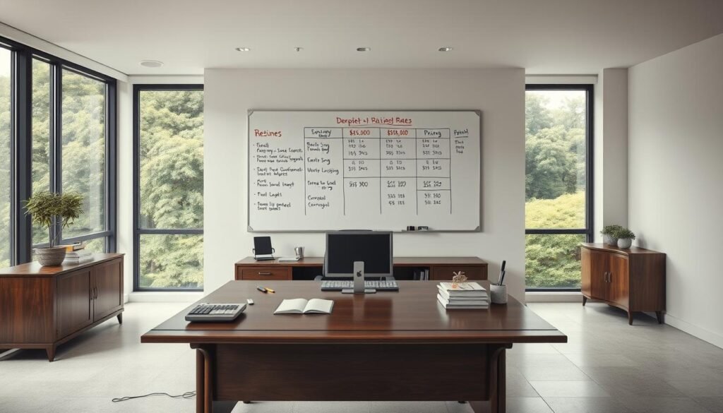 An immaculate office interior with a large, elegant wooden desk and a modern computer setup. The desk is adorned with a calculator, a stack of documents, and a pen holder. On the wall behind the desk, a neatly organized whiteboard displays a breakdown of rental rates and pricing structures, clearly presenting the various options and details. The lighting is soft and diffused, creating a professional and welcoming atmosphere. The room is spacious, with large windows offering a view of a lush, verdant landscape outside, further enhancing the serene and productive environment. An immaculate office interior with a large, elegant wooden desk and a modern computer setup. The desk is adorned with a calculator, a stack of documents, and a pen holder. On the wall behind the desk, a neatly organized whiteboard displays a breakdown of rental rates and pricing structures, clearly presenting the various options and details. The lighting is soft and diffused, creating a professional and welcoming atmosphere. The room is spacious, with large windows offering a view of a lush, verdant landscape outside, further enhancing the serene and productive environment.