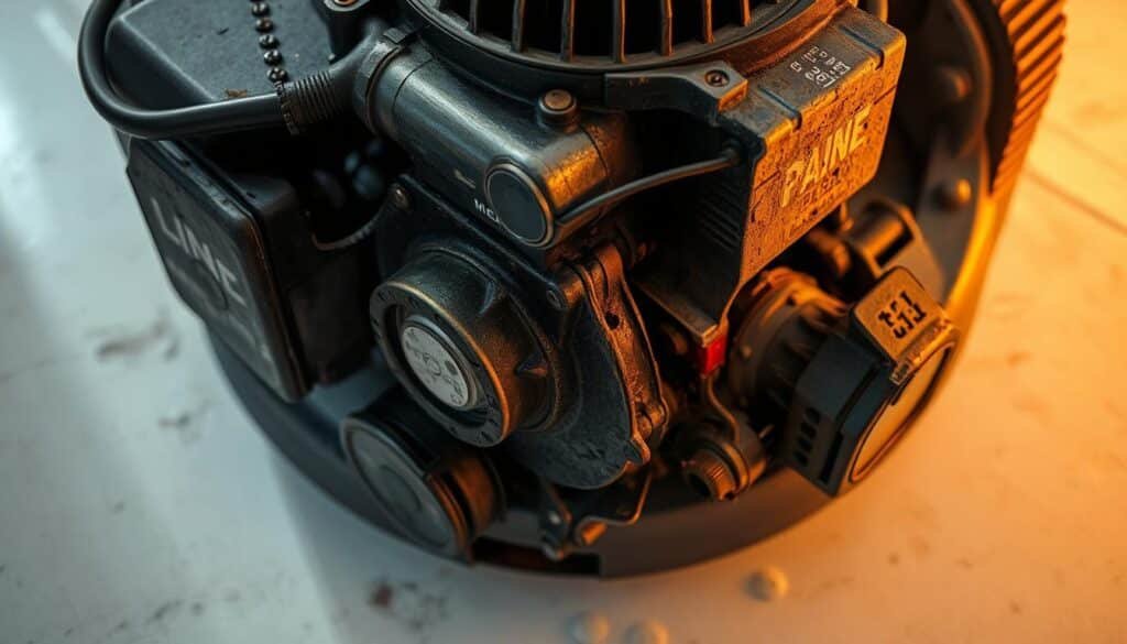Close-up of a damaged lawn mower engine with worn, discolored parts, exposed metal components, and visible signs of wear and tear. The engine is positioned on a clean, flat surface, illuminated by warm, directional lighting that casts dramatic shadows, highlighting the intricate details and textures. The overall mood is one of cautionary technical examination, inviting the viewer to observe the consequences of using the wrong oil in a lawn mower engine.