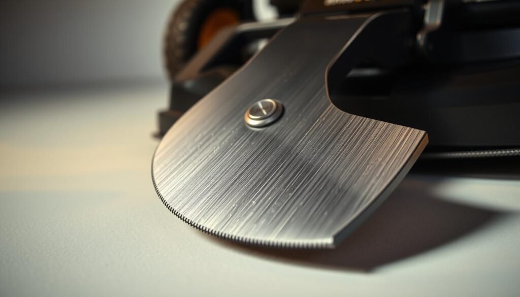 Detailed close-up of a sharp, gleaming mower blade being carefully maintained. Crisp, metallic sheen under warm studio lighting, highlighting the blade's keen edge and intricate serrated teeth. The blade is positioned at a slight diagonal, showcasing its precise geometry and perfect balance. The background is a clean, neutral surface, allowing the blade to be the central focus. Subtle hints of the mower's housing can be seen in the periphery, suggesting the larger context of proper lawn mower upkeep. The overall mood is one of careful attention to detail and preparation for the task ahead. Detailed close-up of a sharp, gleaming mower blade being carefully maintained. Crisp, metallic sheen under warm studio lighting, highlighting the blade's keen edge and intricate serrated teeth. The blade is positioned at a slight diagonal, showcasing its precise geometry and perfect balance. The background is a clean, neutral surface, allowing the blade to be the central focus. Subtle hints of the mower's housing can be seen in the periphery, suggesting the larger context of proper lawn mower upkeep. The overall mood is one of careful attention to detail and preparation for the task ahead.