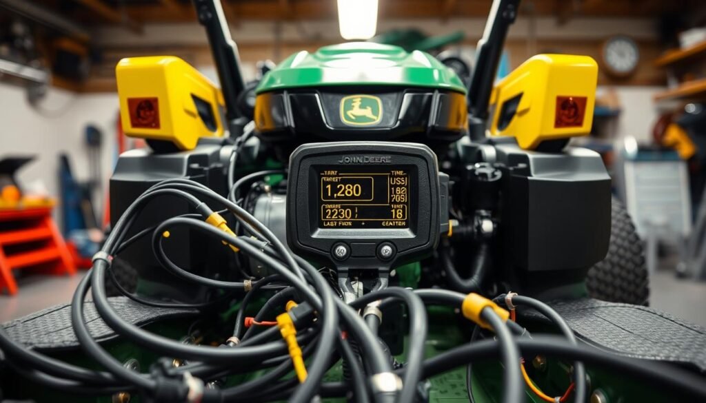 Detailed wiring connections and engine diagnostic display on a John Deere riding mower, captured with a macro lens in a well-lit workshop. The foreground shows the intricate web of cables, sensors, and electrical components, while the middle ground highlights the engine's vital statistics on a digital display. The background features the mower's chassis and surrounding tools, creating a technical and industrial atmosphere. The overall scene conveys a sense of mechanical complexity and the importance of thorough diagnostics to identify and resolve issues with the mower's electrical and engine systems. Detailed wiring connections and engine diagnostic display on a John Deere riding mower, captured with a macro lens in a well-lit workshop. The foreground shows the intricate web of cables, sensors, and electrical components, while the middle ground highlights the engine's vital statistics on a digital display. The background features the mower's chassis and surrounding tools, creating a technical and industrial atmosphere. The overall scene conveys a sense of mechanical complexity and the importance of thorough diagnostics to identify and resolve issues with the mower's electrical and engine systems.