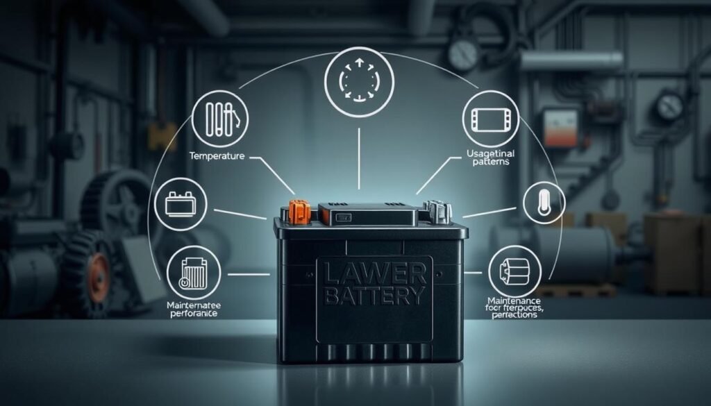 Factors affecting battery life: a detailed diagram depicting a lawn mower battery with technical elements surrounding it. In the foreground, a battery with its various components - terminals, casing, and internal cells - showcased in a clean, well-lit setup. In the middle ground, visual representations of factors impacting battery performance, such as temperature, usage patterns, and maintenance practices. In the background, a subtle, industrial-inspired scene with gears, electrical circuits, and a muted color palette to reinforce the technical nature of the subject. Captured with a wide-angle lens to provide a comprehensive view, the image conveys a sense of depth and technical sophistication, suitable for illustrating the "Factors Affecting Battery Life and Performance" section. Factors affecting battery life: a detailed diagram depicting a lawn mower battery with technical elements surrounding it. In the foreground, a battery with its various components - terminals, casing, and internal cells - showcased in a clean, well-lit setup. In the middle ground, visual representations of factors impacting battery performance, such as temperature, usage patterns, and maintenance practices. In the background, a subtle, industrial-inspired scene with gears, electrical circuits, and a muted color palette to reinforce the technical nature of the subject. Captured with a wide-angle lens to provide a comprehensive view, the image conveys a sense of depth and technical sophistication, suitable for illustrating the "Factors Affecting Battery Life and Performance" section.