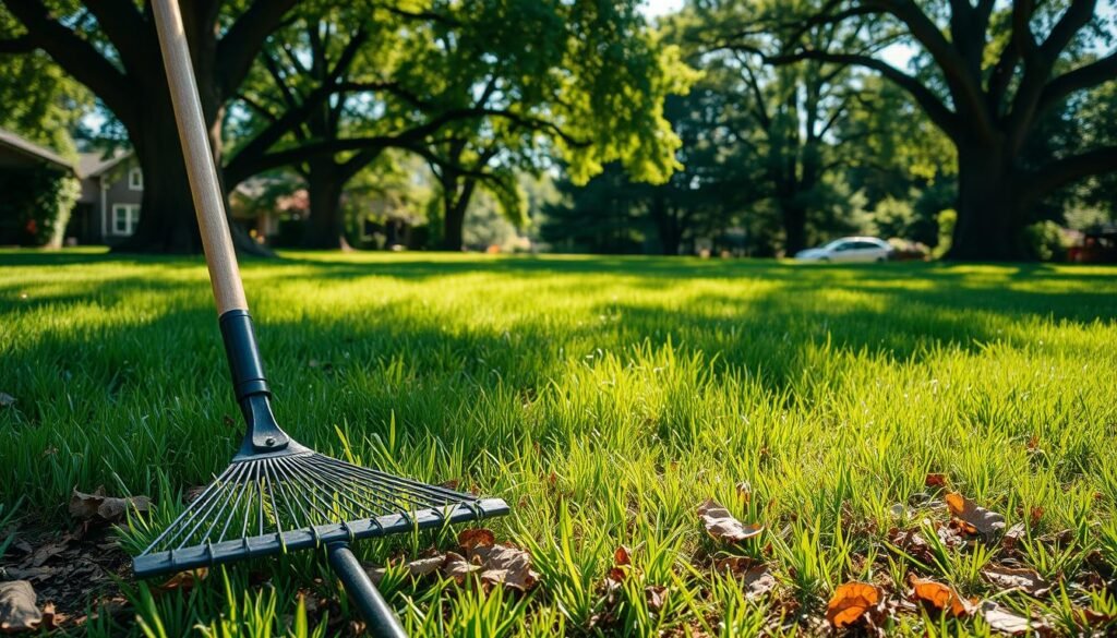 Freshly mowed lawn, verdant blades glistening in the warm afternoon sun. In the foreground, a rake and garden tools neatly arranged, ready to tackle the post-mowing cleanup. Scattered leaves and clippings create a natural, organic texture underfoot. Towering trees in the background provide a tranquil, shaded backdrop, casting soft dappled light across the scene. The overall mood is one of serene productivity, inviting the viewer to step into this well-maintained outdoor oasis and continue the task of nurturing a lush, healthy lawn. Freshly mowed lawn, verdant blades glistening in the warm afternoon sun. In the foreground, a rake and garden tools neatly arranged, ready to tackle the post-mowing cleanup. Scattered leaves and clippings create a natural, organic texture underfoot. Towering trees in the background provide a tranquil, shaded backdrop, casting soft dappled light across the scene. The overall mood is one of serene productivity, inviting the viewer to step into this well-maintained outdoor oasis and continue the task of nurturing a lush, healthy lawn.