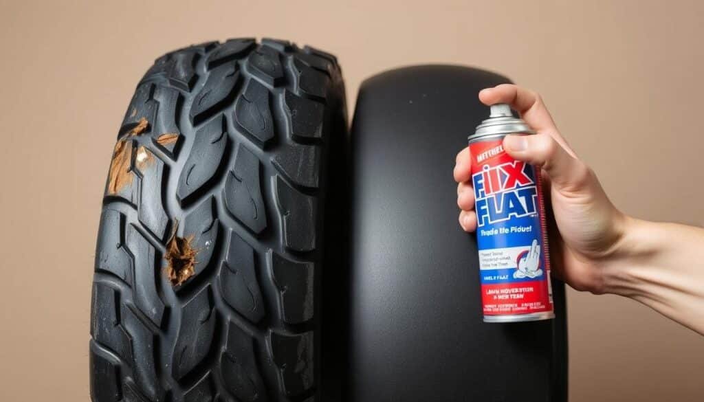 A close-up comparison of a lawn mower tire with and without a Fix a Flat repair. The foreground features the damaged tire, its tread worn and punctured, next to a fresh, inflated tire with a smooth, supple surface. The middle ground shows a hand holding a can of Fix a Flat, the product label clearly visible. The background is a neutral, muted tone that allows the tires to stand out. The lighting is soft and natural, emphasizing the textures and details of the tires. The angle is slightly elevated, providing a clear, detailed view of the subject matter. The overall mood is one of informative comparison, allowing the viewer to assess the suitability of the Fix a Flat solution for their lawn mower tires. A close-up comparison of a lawn mower tire with and without a Fix a Flat repair. The foreground features the damaged tire, its tread worn and punctured, next to a fresh, inflated tire with a smooth, supple surface. The middle ground shows a hand holding a can of Fix a Flat, the product label clearly visible. The background is a neutral, muted tone that allows the tires to stand out. The lighting is soft and natural, emphasizing the textures and details of the tires. The angle is slightly elevated, providing a clear, detailed view of the subject matter. The overall mood is one of informative comparison, allowing the viewer to assess the suitability of the Fix a Flat solution for their lawn mower tires.