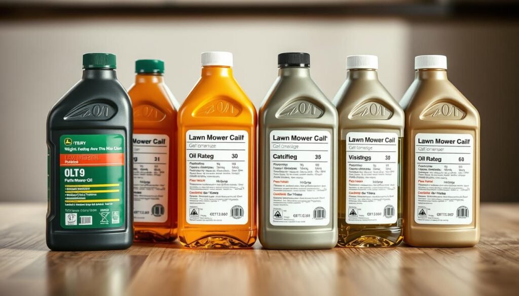 A close-up comparison of different grades of lawn mower oil arranged neatly on a clean, well-lit wooden surface. The oils are showcased in clear glass bottles, allowing their colors and viscosities to be observed. The bottles are accompanied by relevant technical information, such as oil ratings and specifications, presented in a clear and easy-to-understand manner. The overall composition is balanced, with a neutral, professional tone that conveys the importance of choosing the right oil for one's lawn mower. Soft, directional lighting illuminates the scene, creating depth and highlighting the key details. The image is captured with a shallow depth of field, keeping the focus on the oil bottles while the background is gently blurred.