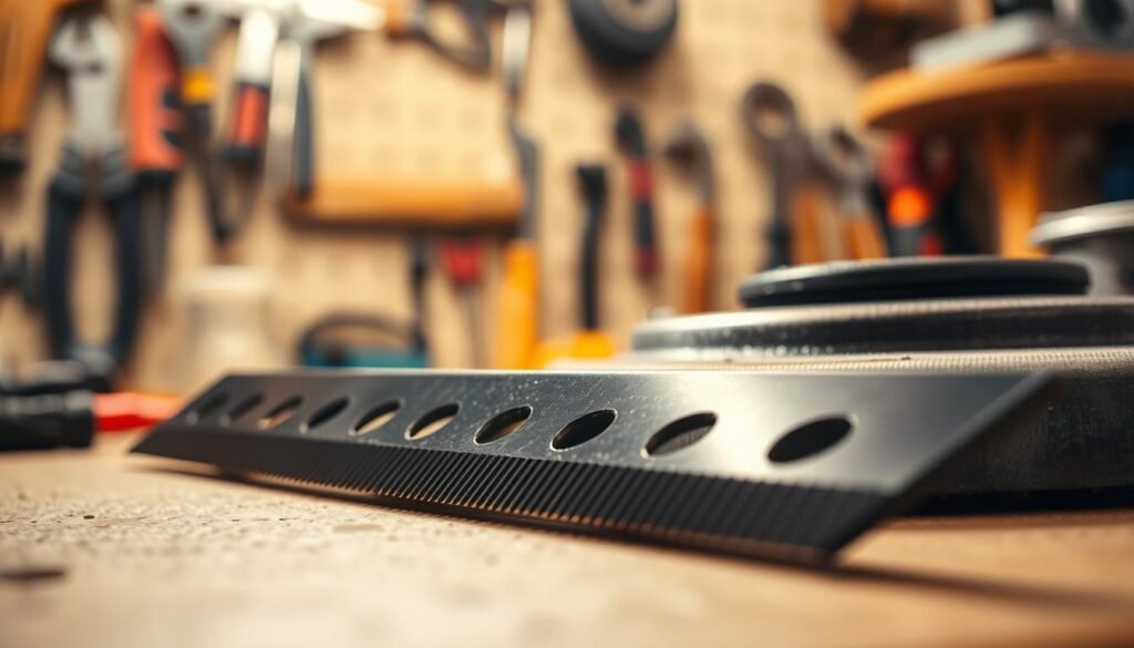 A close-up view of a freshly sharpened lawn mower blade, resting on a clean, well-lit workbench. The blade's edge gleams under the warm, directional lighting, revealing its razor-sharp precision. In the background, a soft, blurred image of various hand tools and workshop items suggests a professional, organized setting. The composition emphasizes the attention to detail and the importance of properly maintaining lawn mower blades for optimal cutting performance. A close-up view of a freshly sharpened lawn mower blade, resting on a clean, well-lit workbench. The blade's edge gleams under the warm, directional lighting, revealing its razor-sharp precision. In the background, a soft, blurred image of various hand tools and workshop items suggests a professional, organized setting. The composition emphasizes the attention to detail and the importance of properly maintaining lawn mower blades for optimal cutting performance.