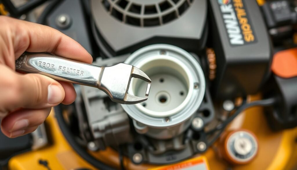 A close-up view of a fuel filter replacement process for a lawn mower engine. The foreground features a hand holding a wrench, carefully unscrewing the old fuel filter. The middle ground showcases the exposed fuel filter housing, revealing its inner workings. The background depicts the lawn mower engine bay, with clean, well-lit conditions to provide a clear and informative view of the procedure. The scene conveys a sense of precision and attention to detail, highlighting the importance of proper fuel filter maintenance for optimal lawn mower performance. A close-up view of a fuel filter replacement process for a lawn mower engine. The foreground features a hand holding a wrench, carefully unscrewing the old fuel filter. The middle ground showcases the exposed fuel filter housing, revealing its inner workings. The background depicts the lawn mower engine bay, with clean, well-lit conditions to provide a clear and informative view of the procedure. The scene conveys a sense of precision and attention to detail, highlighting the importance of proper fuel filter maintenance for optimal lawn mower performance.