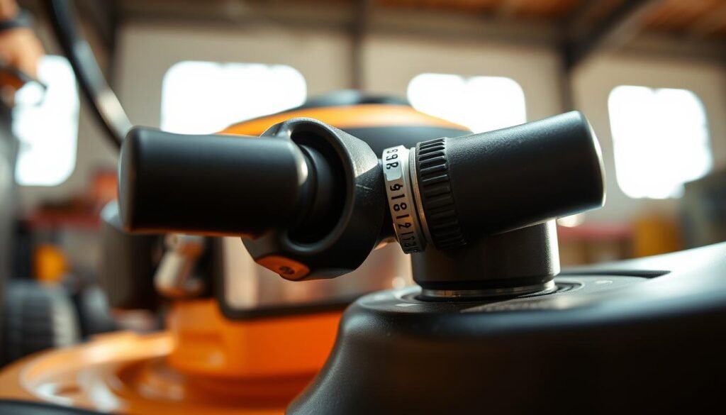 A close-up view of a lawn mower throttle control mechanism in a well-lit, technical setting. The throttle lever is prominently displayed, with its detents and adjustment markings clearly visible. The background is blurred, emphasizing the intricate details of the throttle assembly. The image is captured from a low angle, giving a sense of the throttle's importance and functionality within the mower's overall design. The lighting is warm and natural, highlighting the metallic and plastic components of the throttle. The overall mood is one of precision engineering and attention to detail, reflecting the section's focus on optimizing mower performance. A close-up view of a lawn mower throttle control mechanism in a well-lit, technical setting. The throttle lever is prominently displayed, with its detents and adjustment markings clearly visible. The background is blurred, emphasizing the intricate details of the throttle assembly. The image is captured from a low angle, giving a sense of the throttle's importance and functionality within the mower's overall design. The lighting is warm and natural, highlighting the metallic and plastic components of the throttle. The overall mood is one of precision engineering and attention to detail, reflecting the section's focus on optimizing mower performance.