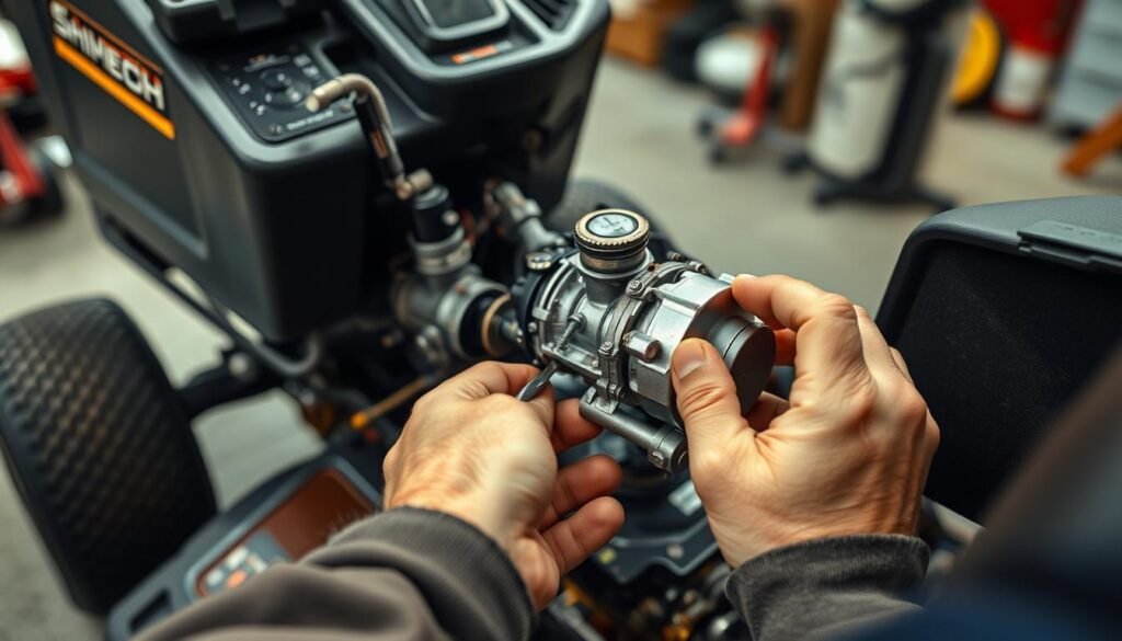 A close-up view of a mechanic's hands meticulously disassembling and inspecting the carburetor of a riding lawn mower, set against a clean, well-lit workshop backdrop. The carburetor's intricate components are visible, with the focus on the mechanic's skilled manipulation of tools to clean and maintain the delicate mechanism. The image conveys a sense of attention to detail and the importance of proper maintenance for optimal lawn mower performance.