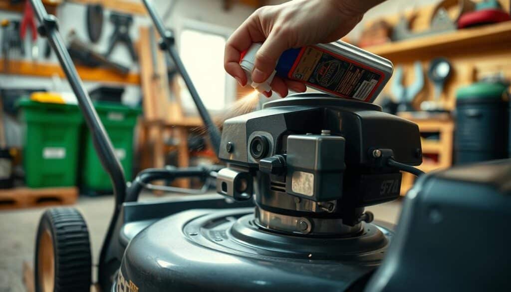 A close-up view of a person's hands spraying carburetor cleaner into the air intake of a lawn mower engine. The mower is placed on a wooden workbench in a well-lit garage, with tools and equipment visible in the background. The scene is captured with a shallow depth of field, creating a soft, blurred background that draws the eye to the detailed action in the foreground. The lighting is warm and natural, casting subtle shadows and highlights on the metal and plastic components of the mower. The overall mood is one of focused DIY maintenance, with a sense of care and attention to detail.