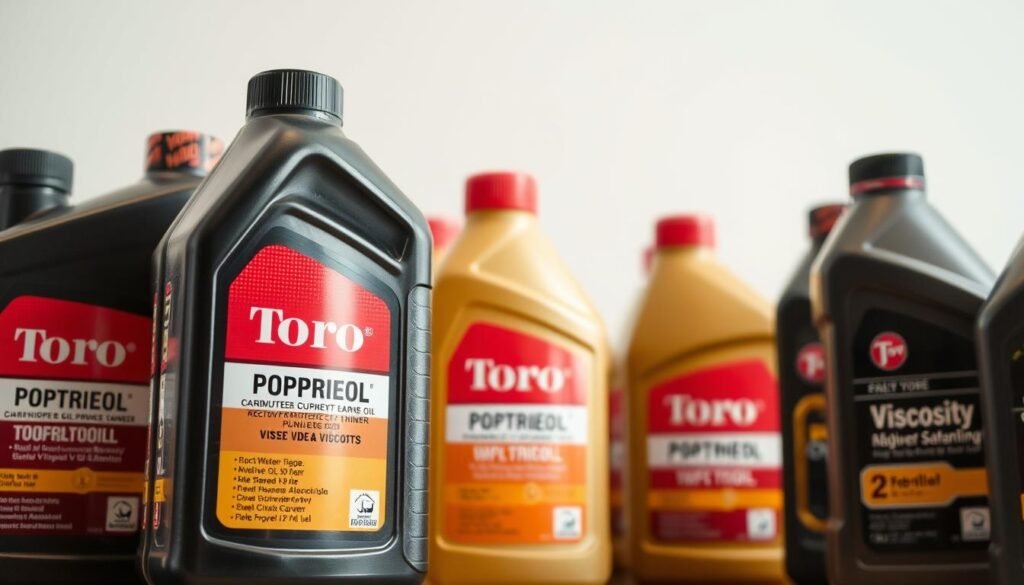 A close-up view of various bottles and containers filled with different types of Toro lawn mower oil, showcasing the diverse viscosity options. The foreground features the bottles in sharp focus, with clear labeling highlighting the viscosity grades. The middle ground includes a clean, minimalist backdrop, allowing the oils to be the primary focus. The lighting is soft and diffused, creating a clean, professional aesthetic. The overall composition conveys a sense of authority and expertise on the subject of Toro mower oil viscosity types, suitable for illustrating the "Recommended Oil Types and Viscosity for Your Toro Mower" section. A close-up view of various bottles and containers filled with different types of Toro lawn mower oil, showcasing the diverse viscosity options. The foreground features the bottles in sharp focus, with clear labeling highlighting the viscosity grades. The middle ground includes a clean, minimalist backdrop, allowing the oils to be the primary focus. The lighting is soft and diffused, creating a clean, professional aesthetic. The overall composition conveys a sense of authority and expertise on the subject of Toro mower oil viscosity types, suitable for illustrating the "Recommended Oil Types and Viscosity for Your Toro Mower" section.