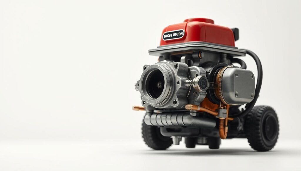 A detailed and technical rendering of a Briggs & Stratton lawn mower carburetor, showcased in a well-lit studio setting with a neutral background. The carburetor is positioned in the center, highlighting its intricate components and mechanisms. The image should convey the pricing factors that influence the cost of a lawn mower carburetor, such as materials, manufacturing complexity, brand reputation, and market demand. Employ a high-resolution camera with a shallow depth of field to focus the viewer's attention on the carburetor's details. Utilize neutral lighting to create a clean, professional aesthetic that complements the technical subject matter. A detailed and technical rendering of a Briggs & Stratton lawn mower carburetor, showcased in a well-lit studio setting with a neutral background. The carburetor is positioned in the center, highlighting its intricate components and mechanisms. The image should convey the pricing factors that influence the cost of a lawn mower carburetor, such as materials, manufacturing complexity, brand reputation, and market demand. Employ a high-resolution camera with a shallow depth of field to focus the viewer's attention on the carburetor's details. Utilize neutral lighting to create a clean, professional aesthetic that complements the technical subject matter.