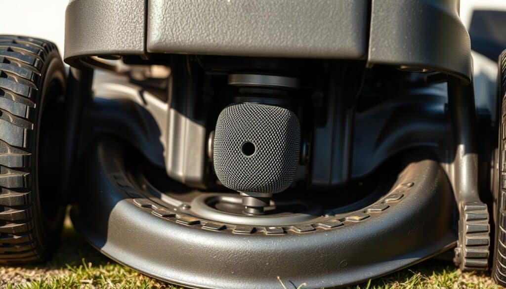 A detailed close-up view of the underside of a lawn mower, revealing the fuel filter location. The mower's body casts soft shadows, providing depth and dimension. The fuel filter is prominently displayed, showcasing its cylindrical shape and textured surface. The surrounding area is clean and well-lit, allowing the viewer to clearly see the filter's placement within the mower's engine compartment. The image has a technical, informative tone, guiding the viewer to the specific area of interest. Precise angles and a shallow depth of field focus the attention on the fuel filter's position, highlighting its importance in the mower's fuel system. A detailed close-up view of the underside of a lawn mower, revealing the fuel filter location. The mower's body casts soft shadows, providing depth and dimension. The fuel filter is prominently displayed, showcasing its cylindrical shape and textured surface. The surrounding area is clean and well-lit, allowing the viewer to clearly see the filter's placement within the mower's engine compartment. The image has a technical, informative tone, guiding the viewer to the specific area of interest. Precise angles and a shallow depth of field focus the attention on the fuel filter's position, highlighting its importance in the mower's fuel system.