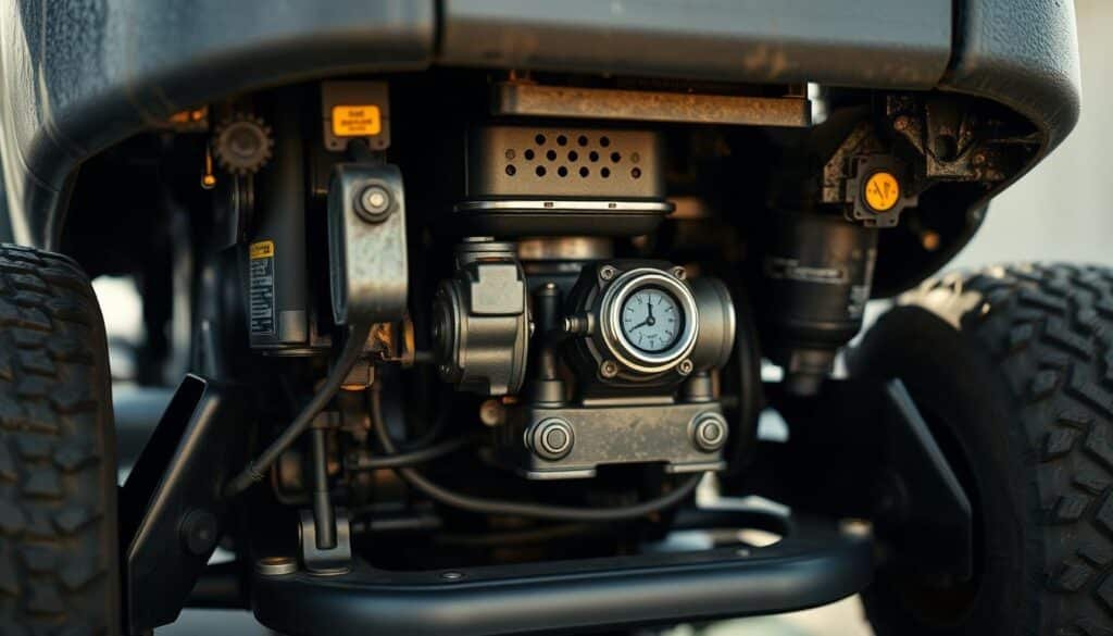 A detailed close-up view of the underside of a riding lawn mower, showcasing the carburetor location behind the air filter. The mower is tilted to the side, providing a clear unobstructed view of the carburetor assembly. The image is lit from the side, casting soft shadows and highlights that accentuate the mechanical components. The focus is sharp on the carburetor and its immediate surroundings, with a slightly blurred background to draw the eye. The overall mood is one of technical precision and clarity, allowing the viewer to easily identify and understand the carburetor's position within the mower's engine compartment.