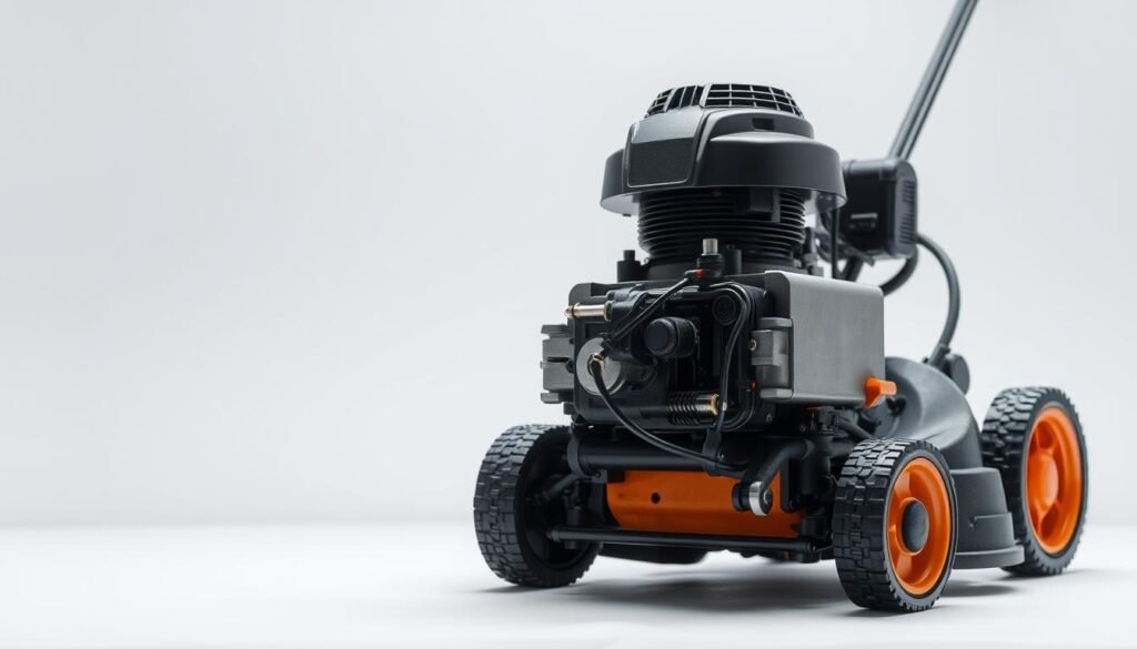 A detailed, precisely engineered lawn mower engine, set against a clean, well-lit backdrop. The engine's internal components, such as the cylinder, piston, crankshaft, and valves, are visible, showcasing the intricate design and engineering principles. The lighting is soft and diffused, creating a sense of technical sophistication. The camera angle is positioned to provide a clear, unobstructed view of the engine's specifications and construction, allowing the viewer to appreciate the technical details that contribute to the efficient operation of a lawn mower. A detailed, precisely engineered lawn mower engine, set against a clean, well-lit backdrop. The engine's internal components, such as the cylinder, piston, crankshaft, and valves, are visible, showcasing the intricate design and engineering principles. The lighting is soft and diffused, creating a sense of technical sophistication. The camera angle is positioned to provide a clear, unobstructed view of the engine's specifications and construction, allowing the viewer to appreciate the technical details that contribute to the efficient operation of a lawn mower.