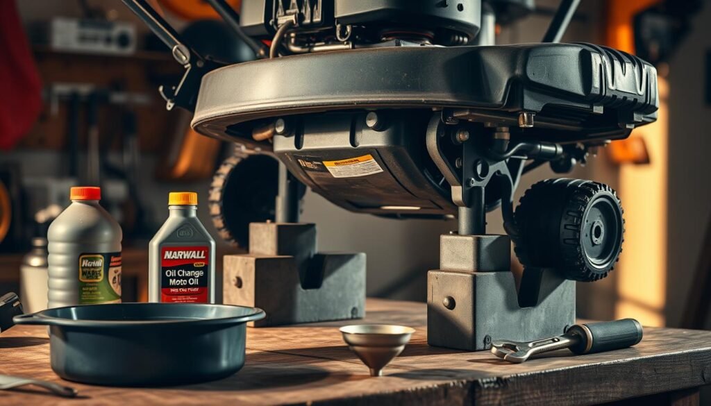 A detailed step-by-step guide to changing the oil in a lawn mower. A well-organized workbench with the necessary tools and supplies: a drain pan, a fresh bottle of high-quality motor oil, a funnel, and a wrench. The mower is raised on sturdy blocks, its underside exposed, ready for the oil change procedure. Warm, soft lighting illuminates the scene, casting shadows that accentuate the mechanical components. The atmosphere is one of focused, methodical work, conveying the importance of proper lawn mower maintenance. A detailed step-by-step guide to changing the oil in a lawn mower. A well-organized workbench with the necessary tools and supplies: a drain pan, a fresh bottle of high-quality motor oil, a funnel, and a wrench. The mower is raised on sturdy blocks, its underside exposed, ready for the oil change procedure. Warm, soft lighting illuminates the scene, casting shadows that accentuate the mechanical components. The atmosphere is one of focused, methodical work, conveying the importance of proper lawn mower maintenance.