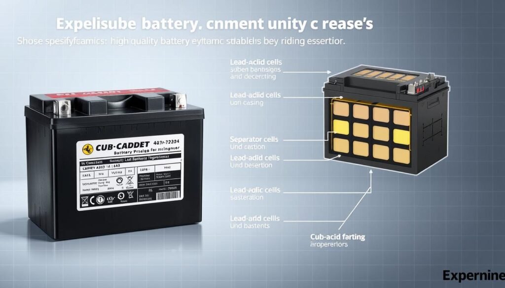 A detailed technical diagram showcasing the key specifications and factors of a high-quality battery suitable for a Cub Cadet riding mower. The foreground features a close-up view of the battery terminals, housing, and labeling, highlighting the voltage, amperage, and other crucial details. The middle ground depicts a cross-sectional illustration of the battery's internal components, such as the lead-acid cells, separator, and casing. The background blends a technical grid pattern with subtle blue and gray tones, creating a clean, professional atmosphere. The lighting is soft and diffused, emphasizing the technical precision and engineering principles behind the battery's design and performance. A detailed technical diagram showcasing the key specifications and factors of a high-quality battery suitable for a Cub Cadet riding mower. The foreground features a close-up view of the battery terminals, housing, and labeling, highlighting the voltage, amperage, and other crucial details. The middle ground depicts a cross-sectional illustration of the battery's internal components, such as the lead-acid cells, separator, and casing. The background blends a technical grid pattern with subtle blue and gray tones, creating a clean, professional atmosphere. The lighting is soft and diffused, emphasizing the technical precision and engineering principles behind the battery's design and performance.