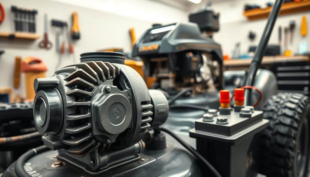 A detailed view of the charging system components of a lawn mower, captured in a clean, well-lit workshop setting. The foreground features the lawn mower's alternator, voltage regulator, and battery terminals, rendered with precise mechanical detail. The middle ground showcases the lawn mower's engine and surrounding components, providing context. The background features a clean, neutral-toned workbench, with tools and equipment neatly arranged, creating a sense of order and professionalism. The overall mood is one of technical precision and functionality, reflecting the informative nature of the article. A detailed view of the charging system components of a lawn mower, captured in a clean, well-lit workshop setting. The foreground features the lawn mower's alternator, voltage regulator, and battery terminals, rendered with precise mechanical detail. The middle ground showcases the lawn mower's engine and surrounding components, providing context. The background features a clean, neutral-toned workbench, with tools and equipment neatly arranged, creating a sense of order and professionalism. The overall mood is one of technical precision and functionality, reflecting the informative nature of the article.