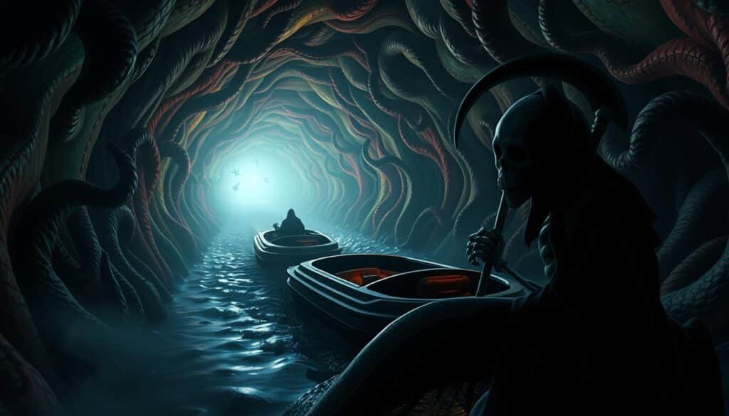 A dimly lit, grisly boat ride through the surreal, twisting tunnel of Willy Wonka's chocolate factory. The boat glides ominously, illuminated by the eerie glow of the psychedelic walls. Shadows dance across the twisted, organic landscape, creating an atmosphere of unease and dread. In the foreground, the ominous figure of the Grim Reaper looms, its skeletal form casting a foreboding presence. The scene evokes a sense of unsettling mystery, hinting at the disturbing details that lay ahead. A dimly lit, grisly boat ride through the surreal, twisting tunnel of Willy Wonka's chocolate factory. The boat glides ominously, illuminated by the eerie glow of the psychedelic walls. Shadows dance across the twisted, organic landscape, creating an atmosphere of unease and dread. In the foreground, the ominous figure of the Grim Reaper looms, its skeletal form casting a foreboding presence. The scene evokes a sense of unsettling mystery, hinting at the disturbing details that lay ahead.