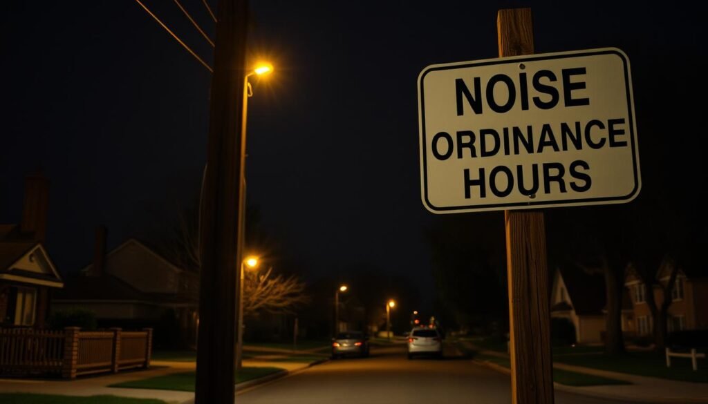 A dimly lit suburban street at night, with a large sign prominently displayed on a wooden post, illuminated by a warm streetlamp. The sign features bold text reading "NOISE ORDINANCE HOURS" against a muted background, conveying a sense of authority and community guidelines. The scene is captured from a slightly elevated angle, creating a sense of formal documentation. The overall atmosphere is one of tranquility and attention to local regulations, setting the stage for understanding the importance of respecting social standards in the neighborhood. A dimly lit suburban street at night, with a large sign prominently displayed on a wooden post, illuminated by a warm streetlamp. The sign features bold text reading "NOISE ORDINANCE HOURS" against a muted background, conveying a sense of authority and community guidelines. The scene is captured from a slightly elevated angle, creating a sense of formal documentation. The overall atmosphere is one of tranquility and attention to local regulations, setting the stage for understanding the importance of respecting social standards in the neighborhood.