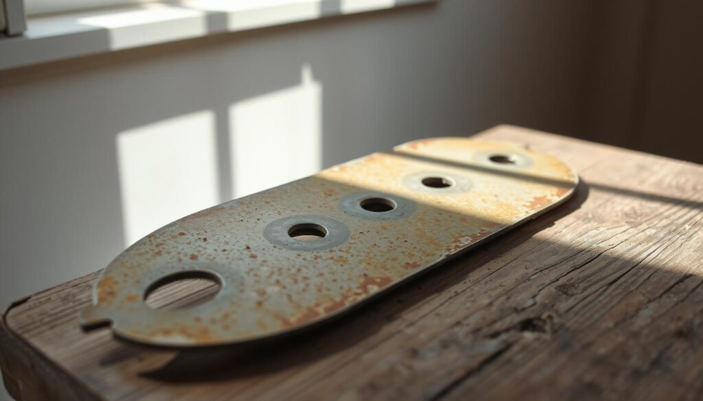 A faded, worn lawn mower blade rests on a weathered wooden surface, its edges dulled and chipped. Sunlight filters through a nearby window, casting soft shadows that accentuate the blade's uneven texture. The blade's surface is mottled with specks of rust, a testament to its age and use. The surrounding environment is minimalist, with a clean, airy atmosphere that allows the blade to be the focal point, highlighting the signs of wear and the need for sharpening. A faded, worn lawn mower blade rests on a weathered wooden surface, its edges dulled and chipped. Sunlight filters through a nearby window, casting soft shadows that accentuate the blade's uneven texture. The blade's surface is mottled with specks of rust, a testament to its age and use. The surrounding environment is minimalist, with a clean, airy atmosphere that allows the blade to be the focal point, highlighting the signs of wear and the need for sharpening.