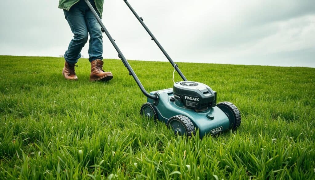 A lush green lawn under an overcast sky, with a person cautiously maneuvering a push lawnmower through the wet grass. The mower's blades are sharp, and the person is wearing sturdy boots and a rain jacket, ensuring safety and traction. The mower leaves behind neatly trimmed grass, and the person's expression conveys focus and caution. In the background, rain gently falls, creating a sense of tranquility and the need for responsible lawn maintenance. The composition highlights the importance of taking proper precautions when mowing wet grass, showcasing the person's attentiveness and the challenges of the task at hand. A lush green lawn under an overcast sky, with a person cautiously maneuvering a push lawnmower through the wet grass. The mower's blades are sharp, and the person is wearing sturdy boots and a rain jacket, ensuring safety and traction. The mower leaves behind neatly trimmed grass, and the person's expression conveys focus and caution. In the background, rain gently falls, creating a sense of tranquility and the need for responsible lawn maintenance. The composition highlights the importance of taking proper precautions when mowing wet grass, showcasing the person's attentiveness and the challenges of the task at hand.