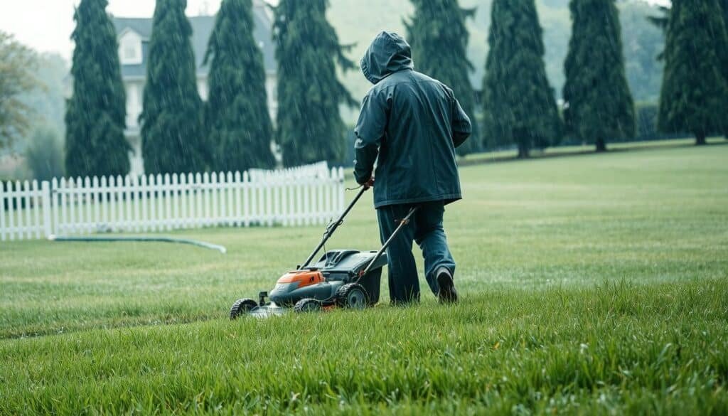 A lush lawn, freshly dampened by an early morning drizzle, as a figure in a hooded rain jacket meticulously guides a lawn mower through the verdant blades. Soft, diffused natural light filters through the overcast sky, casting a moody, atmospheric glow over the scene. The mower's blades glisten with droplets, leaving behind a trail of neatly trimmed, slightly damp grass. In the middle ground, a garden hose snakes across the ground, highlighting the contrast between the wet and dry areas of the lawn. In the background, a picket fence and a row of tall, swaying trees set the pastoral scene. The overall mood is one of a tranquil, contemplative moment, where the rhythm of lawn mowing provides a sense of order and purpose amidst the natural elements.