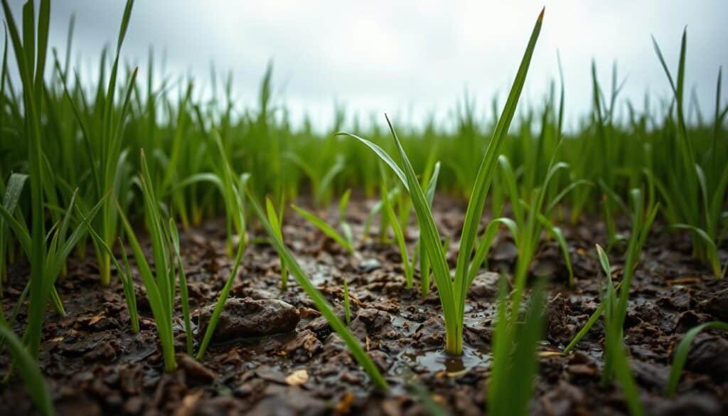 A lush, verdant field of grass, its blades weighted down by the heavy, saturated soil beneath. The ground, once rich and loamy, now compact and waterlogged, a testament to the effects of prolonged wet conditions. Raindrops glisten on the surface, reflecting the somber, overcast sky above. In the foreground, a single blade of grass stands, its once-vibrant green hue muted, the stem bent at an unnatural angle, a visual metaphor for the strain the soil is under. The scene is captured through the lens of a medium-format camera, its shallow depth of field drawing the viewer's eye to the focal point of this dynamic, yet unsettling, landscape. A lush, verdant field of grass, its blades weighted down by the heavy, saturated soil beneath. The ground, once rich and loamy, now compact and waterlogged, a testament to the effects of prolonged wet conditions. Raindrops glisten on the surface, reflecting the somber, overcast sky above. In the foreground, a single blade of grass stands, its once-vibrant green hue muted, the stem bent at an unnatural angle, a visual metaphor for the strain the soil is under. The scene is captured through the lens of a medium-format camera, its shallow depth of field drawing the viewer's eye to the focal point of this dynamic, yet unsettling, landscape.