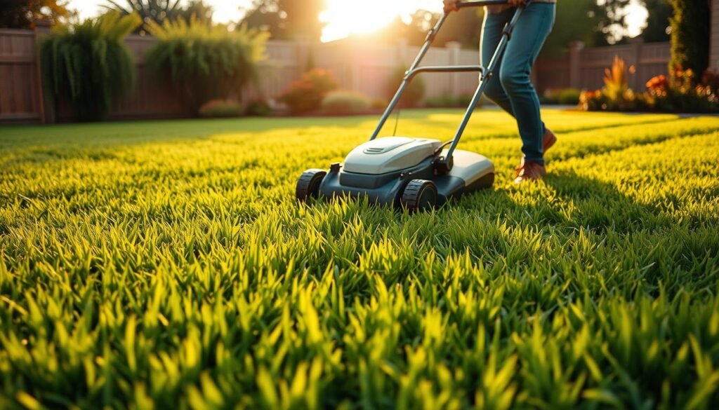 A lush, verdant lawn in the foreground, freshly mowed with precision, showcasing the best techniques for maintaining a healthy new grass surface. In the middle ground, a gardener carefully guiding a modern, eco-friendly lawn mower, meticulously following recommended mowing patterns and heights. The background features a warm, golden-hour lighting, casting a gentle glow over the well-manicured landscape, underscoring the care and attention required for a thriving new lawn. The scene exudes a sense of tranquility and accomplishment, inspiring the viewer to adopt smart mowing strategies for their own flourishing outdoor space. A lush, verdant lawn in the foreground, freshly mowed with precision, showcasing the best techniques for maintaining a healthy new grass surface. In the middle ground, a gardener carefully guiding a modern, eco-friendly lawn mower, meticulously following recommended mowing patterns and heights. The background features a warm, golden-hour lighting, casting a gentle glow over the well-manicured landscape, underscoring the care and attention required for a thriving new lawn. The scene exudes a sense of tranquility and accomplishment, inspiring the viewer to adopt smart mowing strategies for their own flourishing outdoor space.