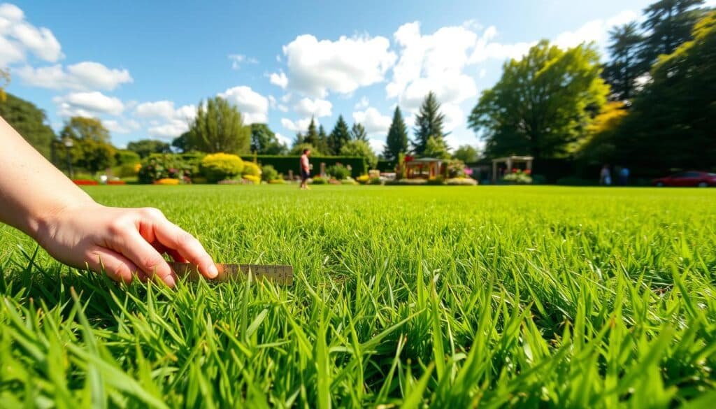 A lush, verdant lawn on a bright, sunny day. In the foreground, a person kneels down, gently running their fingers through the soft, emerald blades of grass, carefully measuring the height with a small ruler. The middle ground showcases the seamless transition from the manicured lawn to the surrounding garden, filled with vibrant flowers and towering trees. In the background, a picturesque blue sky dotted with fluffy white clouds, creating a peaceful, idyllic atmosphere. Warm, natural lighting casts a gentle glow, accentuating the textures and colors of the scene. Captured with a wide-angle lens, the composition invites the viewer to fully immerse themselves in the serene, tranquil setting. A lush, verdant lawn on a bright, sunny day. In the foreground, a person kneels down, gently running their fingers through the soft, emerald blades of grass, carefully measuring the height with a small ruler. The middle ground showcases the seamless transition from the manicured lawn to the surrounding garden, filled with vibrant flowers and towering trees. In the background, a picturesque blue sky dotted with fluffy white clouds, creating a peaceful, idyllic atmosphere. Warm, natural lighting casts a gentle glow, accentuating the textures and colors of the scene. Captured with a wide-angle lens, the composition invites the viewer to fully immerse themselves in the serene, tranquil setting.