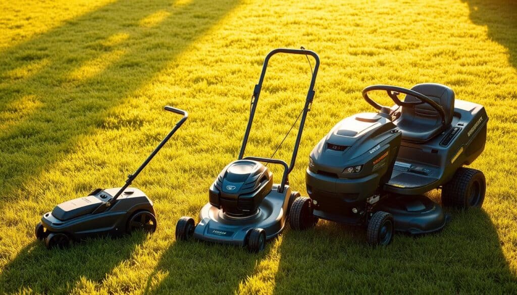 A lush, verdant lawn serves as the backdrop, illuminated by warm, golden sunlight. In the foreground, three different lawn mowers stand in a row, their distinctive silhouettes and features clearly visible. A compact, push-behind mower stands to the left, its compact design and manual operation evident. In the center, a larger, self-propelled mower with sleek lines and an efficient engine showcases its power. To the right, a robust, ride-on mower with a wide deck and powerful motor dominates the scene, ready to tackle expansive lawns with ease. The varying sizes, shapes, and capabilities of these mowers create a visual comparison, inviting the viewer to explore the differences in speed and efficiency between these lawn care tools. A lush, verdant lawn serves as the backdrop, illuminated by warm, golden sunlight. In the foreground, three different lawn mowers stand in a row, their distinctive silhouettes and features clearly visible. A compact, push-behind mower stands to the left, its compact design and manual operation evident. In the center, a larger, self-propelled mower with sleek lines and an efficient engine showcases its power. To the right, a robust, ride-on mower with a wide deck and powerful motor dominates the scene, ready to tackle expansive lawns with ease. The varying sizes, shapes, and capabilities of these mowers create a visual comparison, inviting the viewer to explore the differences in speed and efficiency between these lawn care tools.
