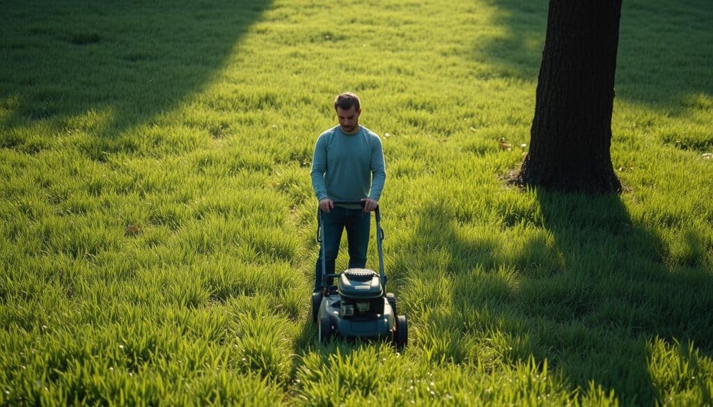 A lush, verdant lawn stretches out, with blades of grass glistening with morning dew. In the center, a person stands contemplatively, holding a lawn mower, weighing the decision to mow the wet grass. The lighting is soft and diffuse, creating a pensive, thoughtful atmosphere. The person's expression is one of careful consideration, as they evaluate the pros and cons of mowing wet grass. The background is slightly blurred, focusing the viewer's attention on the central figure and their dilemma. The image conveys the sense of a pivotal moment, where the choice to mow or not to mow could have significant consequences for the health of the lawn. A lush, verdant lawn stretches out, with blades of grass glistening with morning dew. In the center, a person stands contemplatively, holding a lawn mower, weighing the decision to mow the wet grass. The lighting is soft and diffuse, creating a pensive, thoughtful atmosphere. The person's expression is one of careful consideration, as they evaluate the pros and cons of mowing wet grass. The background is slightly blurred, focusing the viewer's attention on the central figure and their dilemma. The image conveys the sense of a pivotal moment, where the choice to mow or not to mow could have significant consequences for the health of the lawn.