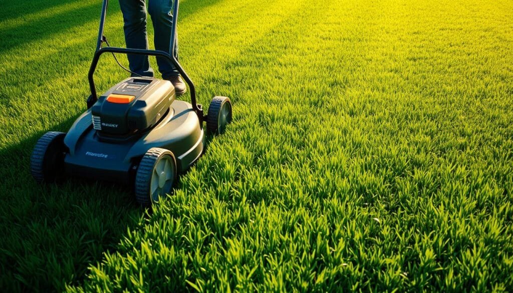 A lush, verdant lawn with a crisp, even pattern of freshly mowed grass. In the foreground, a modern, high-powered lawn mower cuts a clean, precise swath, its blades spinning at an optimal speed. The mid-ground reveals the meticulous technique of the operator, guiding the mower with fluid, efficient movements. In the background, the sun casts a warm, golden glow, illuminating the pristine lawn and highlighting the intricate texture of the grass. The overall scene conveys a sense of order, pride, and attention to detail, perfectly capturing the essence of "Mowing Techniques for Enhanced Lawn Health". A lush, verdant lawn with a crisp, even pattern of freshly mowed grass. In the foreground, a modern, high-powered lawn mower cuts a clean, precise swath, its blades spinning at an optimal speed. The mid-ground reveals the meticulous technique of the operator, guiding the mower with fluid, efficient movements. In the background, the sun casts a warm, golden glow, illuminating the pristine lawn and highlighting the intricate texture of the grass. The overall scene conveys a sense of order, pride, and attention to detail, perfectly capturing the essence of "Mowing Techniques for Enhanced Lawn Health".