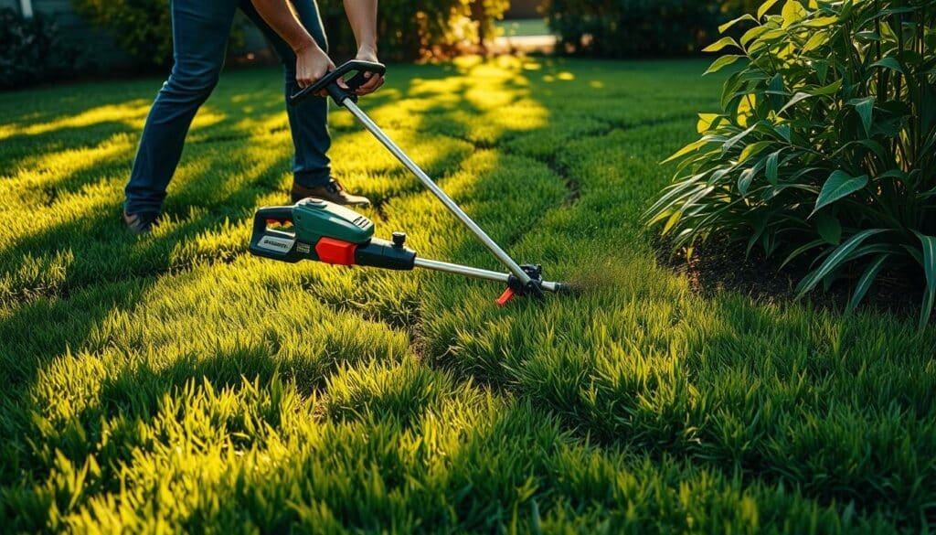 A lush, verdant lawn with a person skillfully wielding a weed whacker, meticulously trimming along the edges and around obstacles. The whirring of the motor and the graceful movements of the operator create a rhythmic dance as the grass is neatly cut. Warm, diffused sunlight filters through the leaves, casting gentle shadows and highlights on the scene. The frame is composed to showcase the proper techniques, with a clear view of the weed whacker's path and the user's fluid motions. The overall atmosphere conveys a sense of focused, efficient lawn care. A lush, verdant lawn with a person skillfully wielding a weed whacker, meticulously trimming along the edges and around obstacles. The whirring of the motor and the graceful movements of the operator create a rhythmic dance as the grass is neatly cut. Warm, diffused sunlight filters through the leaves, casting gentle shadows and highlights on the scene. The frame is composed to showcase the proper techniques, with a clear view of the weed whacker's path and the user's fluid motions. The overall atmosphere conveys a sense of focused, efficient lawn care.