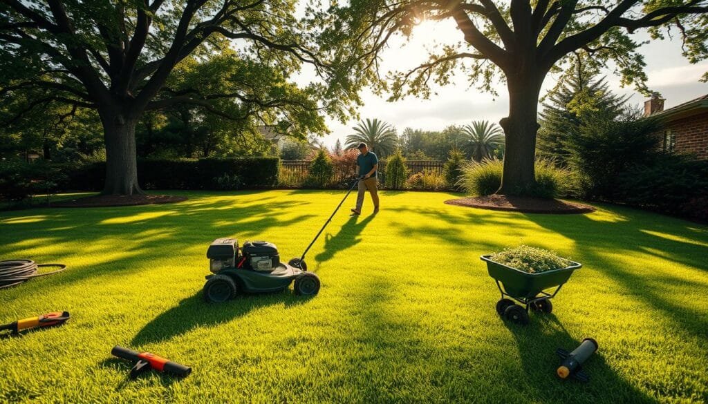 A lush, verdant lawn with meticulously manicured grass, illuminated by warm, golden sunlight filtering through wispy clouds. In the foreground, a sturdy, gas-powered lawn mower glides effortlessly across the vibrant green expanse, leaving behind clean, straight lines. Scattered around are various lawn care tools - a hand-held trimmer, a garden hose, and a spreader filled with lush, nutrient-rich fertilizer. In the middle ground, a skilled gardener in casual attire carefully tends to the edges, ensuring a seamless, uniform appearance. Towering shade trees frame the scene, casting dappled shadows that dance across the well-maintained lawn, creating a serene, tranquil atmosphere. A lush, verdant lawn with meticulously manicured grass, illuminated by warm, golden sunlight filtering through wispy clouds. In the foreground, a sturdy, gas-powered lawn mower glides effortlessly across the vibrant green expanse, leaving behind clean, straight lines. Scattered around are various lawn care tools - a hand-held trimmer, a garden hose, and a spreader filled with lush, nutrient-rich fertilizer. In the middle ground, a skilled gardener in casual attire carefully tends to the edges, ensuring a seamless, uniform appearance. Towering shade trees frame the scene, casting dappled shadows that dance across the well-maintained lawn, creating a serene, tranquil atmosphere.