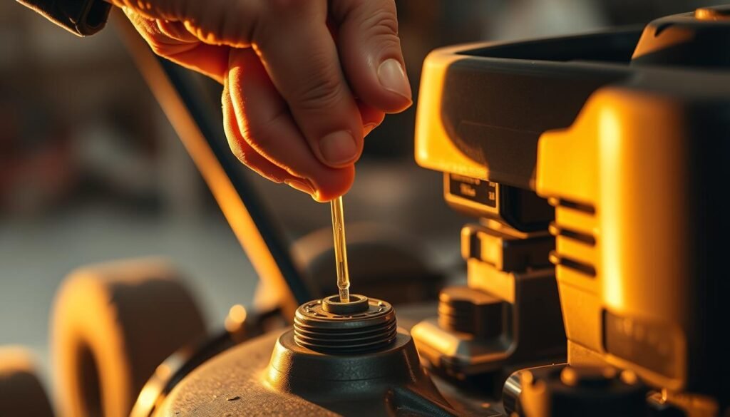 A mechanic's hand carefully inserting a dipstick into the engine oil reservoir of a lawn mower, checking the fluid level against the markings. Warm, golden lighting from the garage illuminates the scene, casting soft shadows. The mower's engine block is visible in the background, its metallic surfaces gleaming. The mechanic's face is focused, brow furrowed in concentration, as they ensure the proper oil level for optimal lawn mower performance and to prevent smoking issues. A mechanic's hand carefully inserting a dipstick into the engine oil reservoir of a lawn mower, checking the fluid level against the markings. Warm, golden lighting from the garage illuminates the scene, casting soft shadows. The mower's engine block is visible in the background, its metallic surfaces gleaming. The mechanic's face is focused, brow furrowed in concentration, as they ensure the proper oil level for optimal lawn mower performance and to prevent smoking issues.