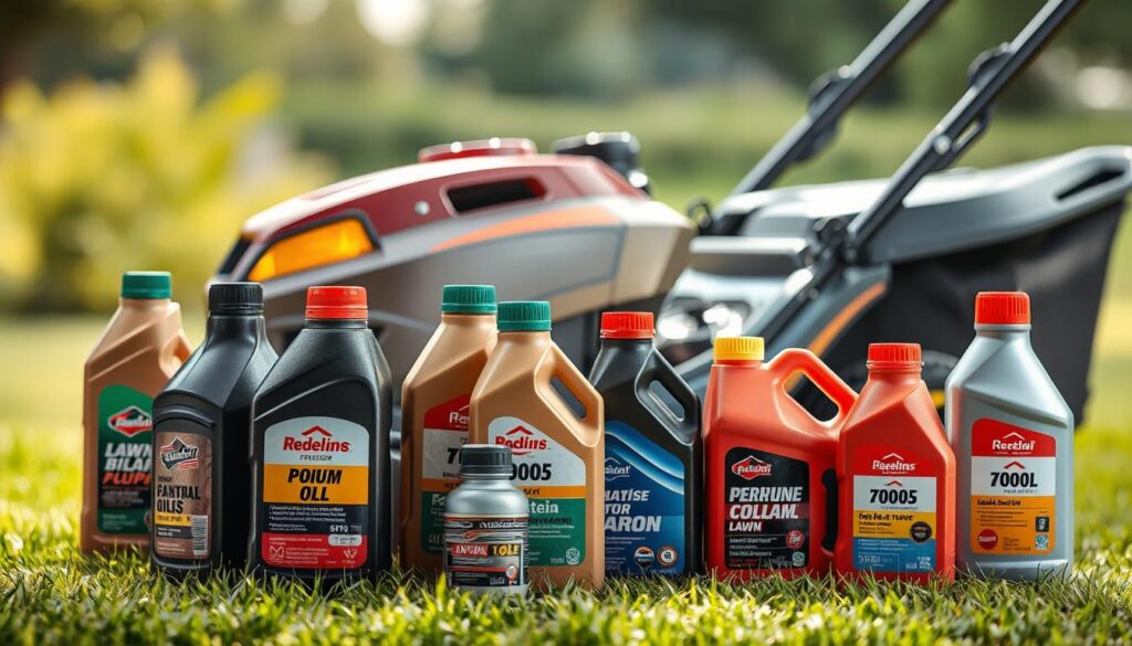 A meticulously arranged still life depicting various types of lawn mower oil. In the foreground, an array of oil bottles and containers, each with distinct labels and colors, showcasing the different viscosities and formulations. The middle ground features a well-maintained lawn mower, glistening under soft, natural lighting, hinting at the importance of using the proper oil. The background is a softly blurred, serene outdoor setting, evoking the peaceful ambiance of a well-cared-for lawn. The overall composition conveys a sense of expertise and attention to detail, perfectly suited to illustrate the "What Type of Oil Does Your Lawn Mower Take?" article section. A meticulously arranged still life depicting various types of lawn mower oil. In the foreground, an array of oil bottles and containers, each with distinct labels and colors, showcasing the different viscosities and formulations. The middle ground features a well-maintained lawn mower, glistening under soft, natural lighting, hinting at the importance of using the proper oil. The background is a softly blurred, serene outdoor setting, evoking the peaceful ambiance of a well-cared-for lawn. The overall composition conveys a sense of expertise and attention to detail, perfectly suited to illustrate the "What Type of Oil Does Your Lawn Mower Take?" article section.
